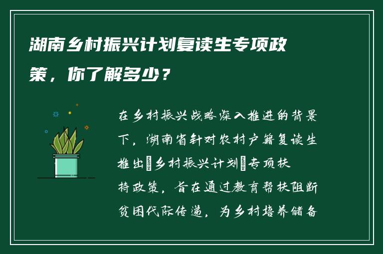 湖南乡村振兴计划复读生专项政策，你了解多少？