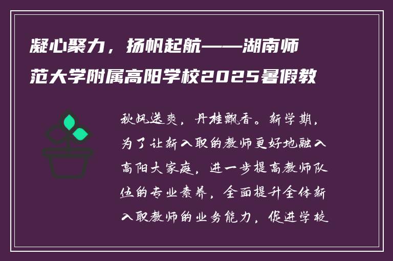 凝心聚力，扬帆起航——湖南师范大学附属高阳学校2025暑假教师培训会圆满举行