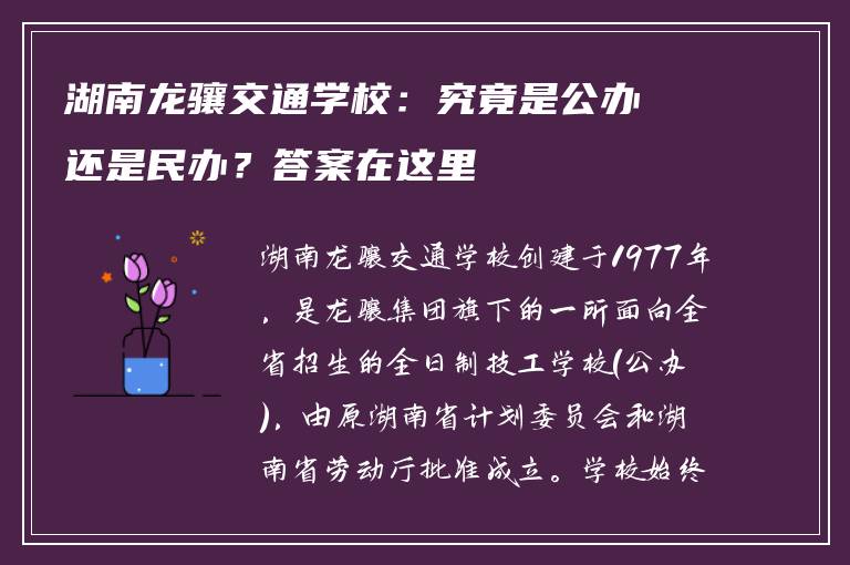 湖南龙骧交通学校：究竟是公办还是民办？答案在这里