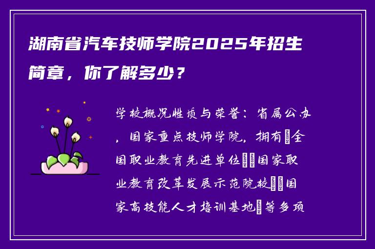 湖南省汽车技师学院2025年招生简章，你了解多少？